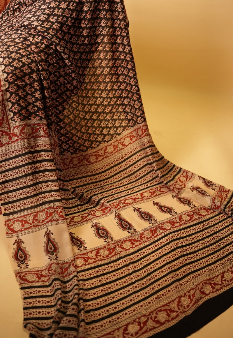 Black Butta Bagru Hand Block Print Modal Saree