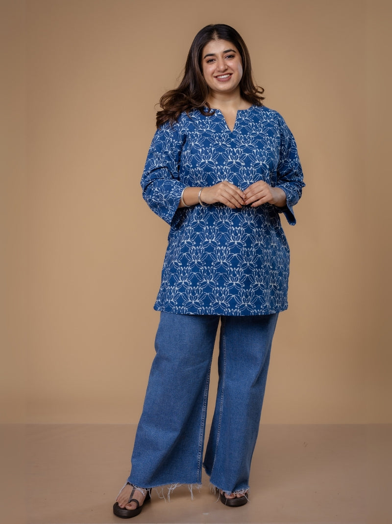 Mishel Blue Dabu Cotton Straight Short Top