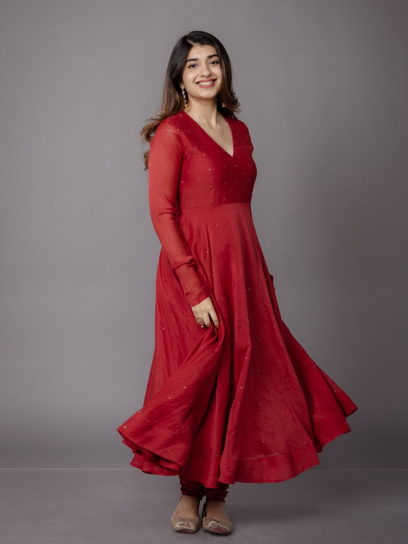 Tara Red Solid Chanderi Silk A Line Kurta with Mukaish Detailing