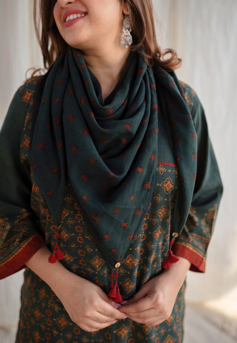 Green Ajrakh Red Lotus Butti Mul Scarf
