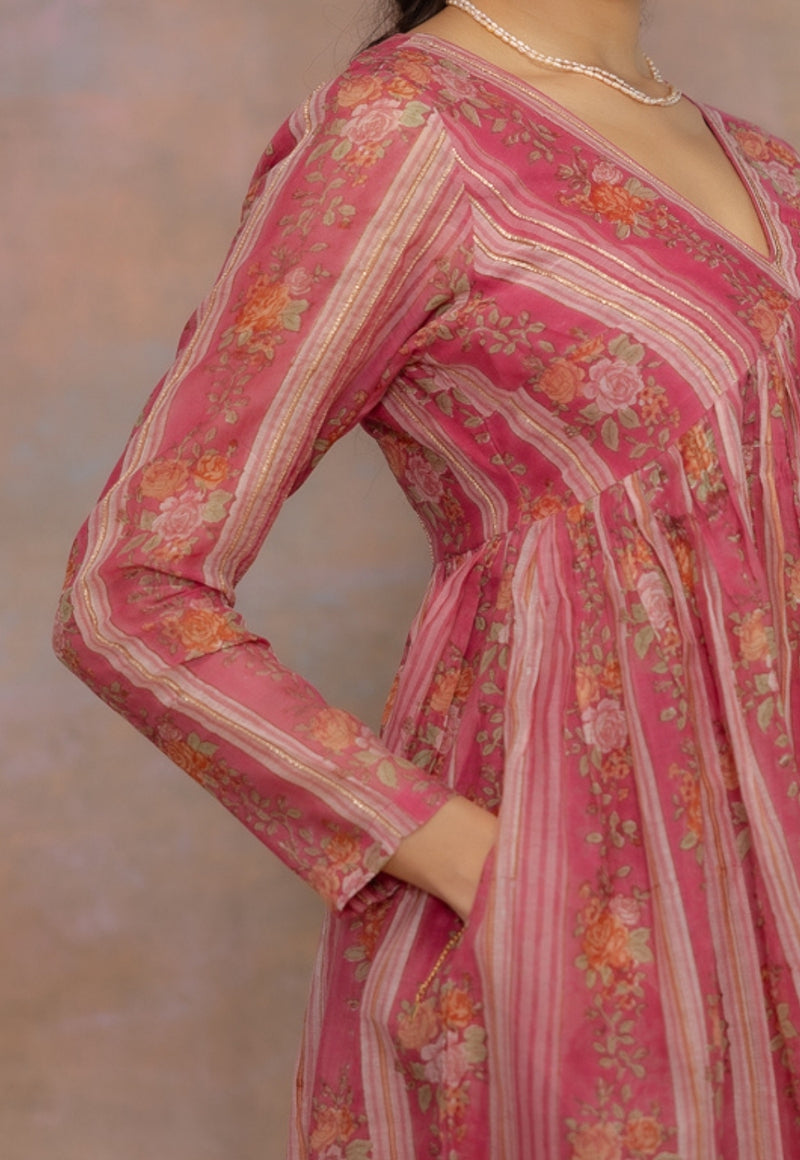 Rooz Pink Sanganeri Chanderi Silk A Line Kurta with Lace Detailing