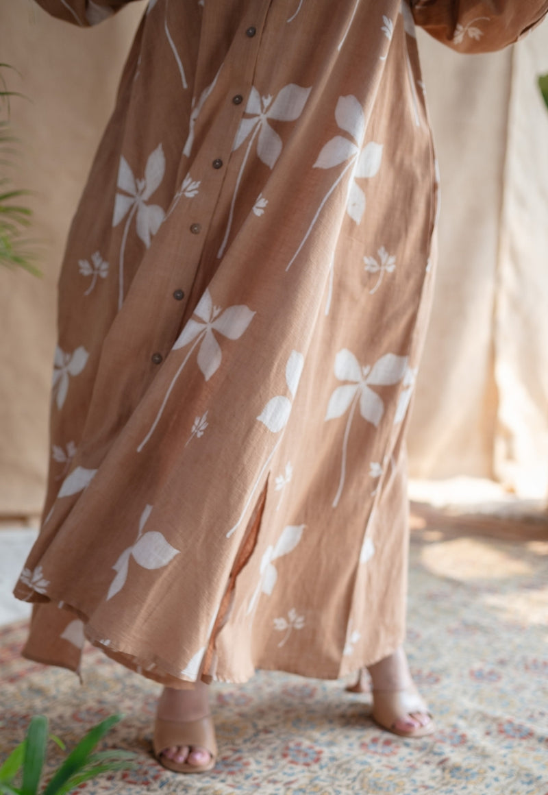 Trusha Light Brown A Line Dabu Slub Cotton Dress