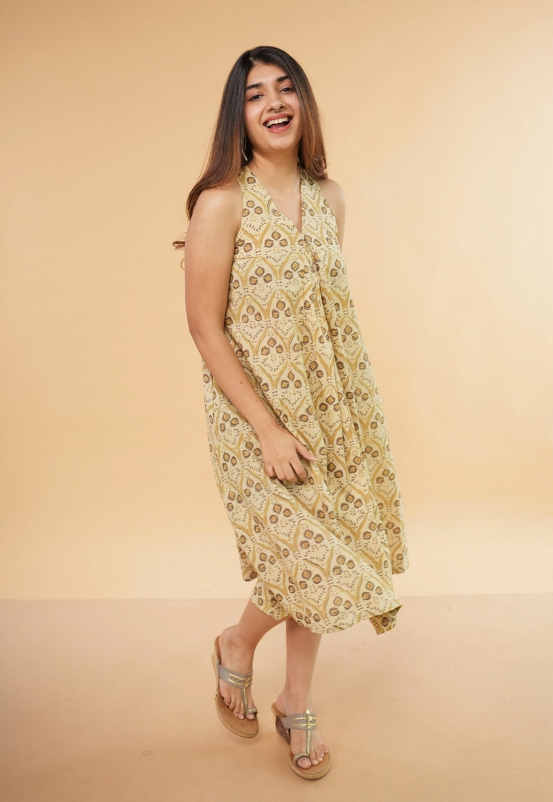 Eira Beige Ajrakh Cotton A Line Dress