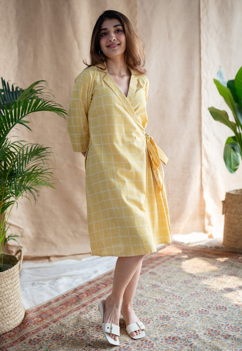 Erza Yellow Dabu Slub Cotton Straight Dress