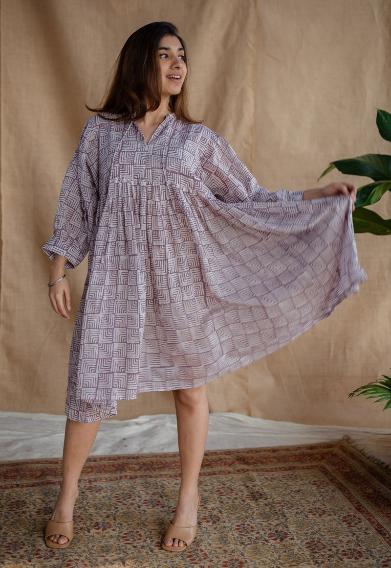 Elina Lavender Batik MulMul Cotton A Line Dress