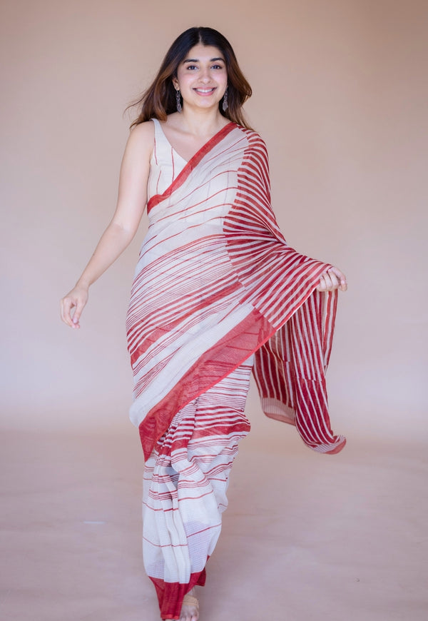 Off White Stripe Ajrakh Hand Block Print Kota Doria Cotton Saree