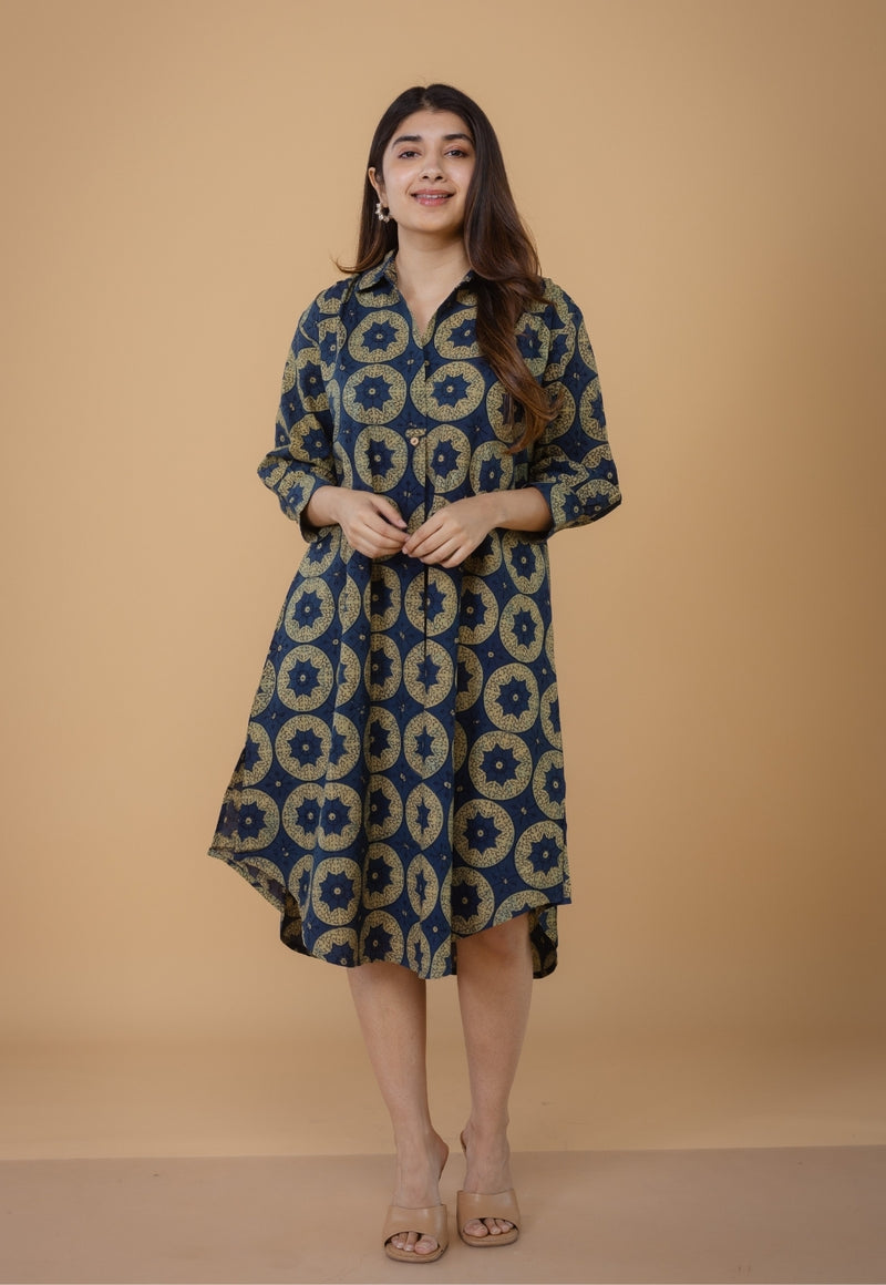 Ridah Blue Ajrakh Cotton A Line Dress