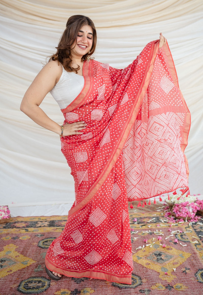 Stunning Red Cotton Linen Handwoven in Bandhini Style Saree