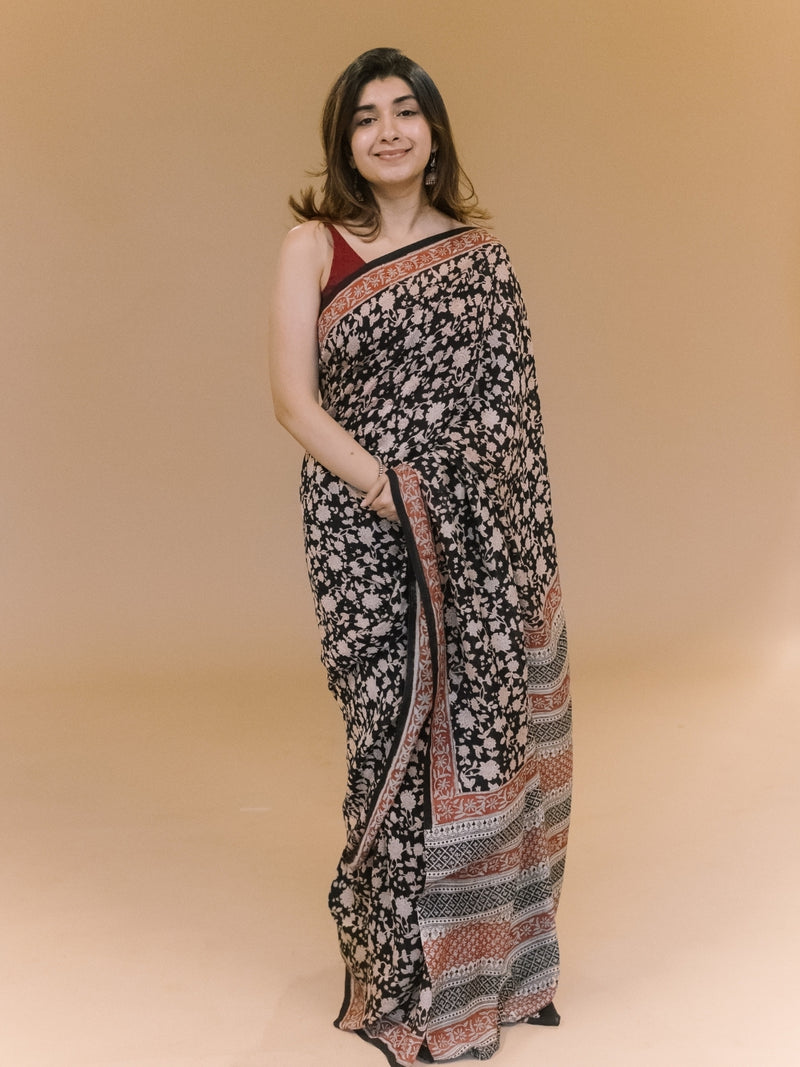 Black Jaal Bagru Hand Block Print Modal Saree