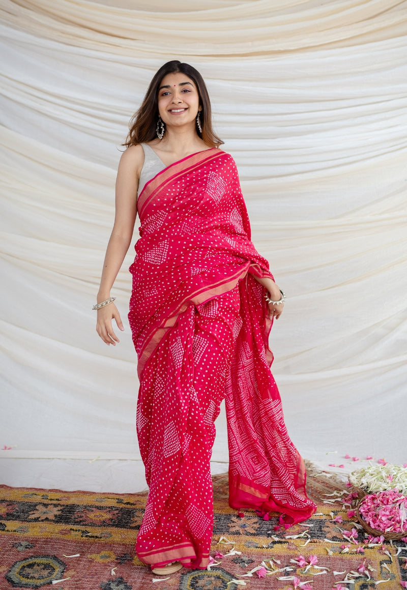 Green and Pink Pure Georgette Saree | Banarasi Bandhej Saree – ViBha