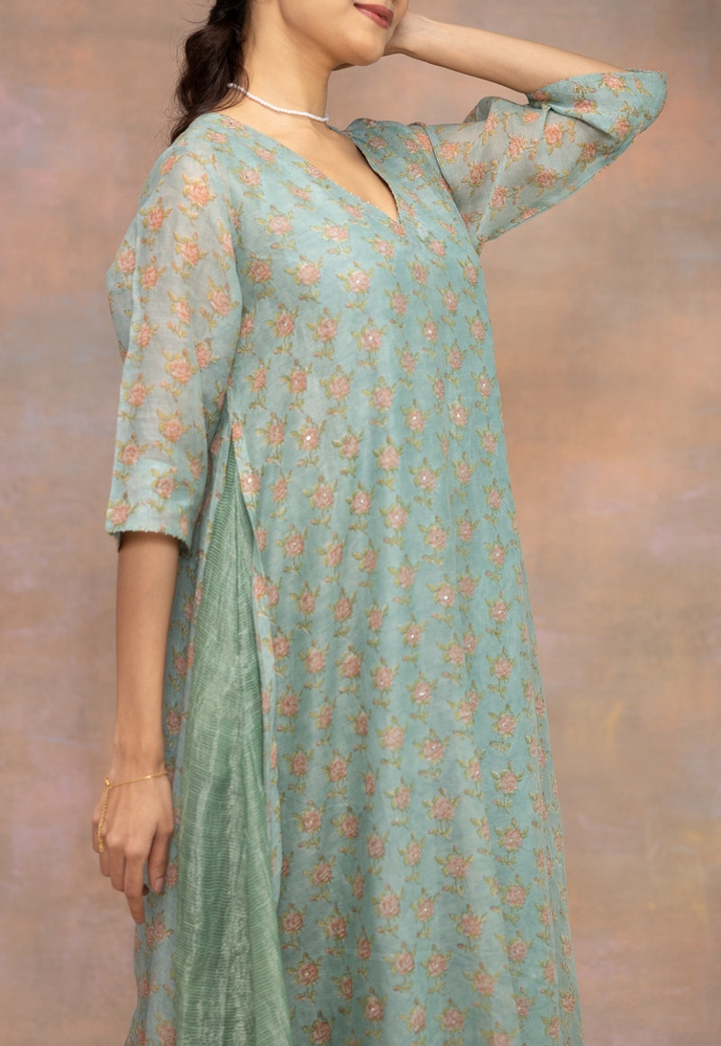 Rosalia Blue Sanganeri Chanderi Silk A Line Kurta with Hand Embroidery, Mukaish Detailing and Slip