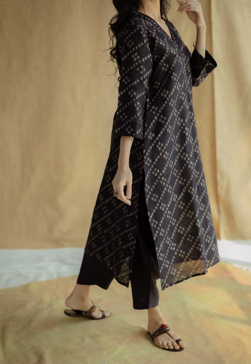 Avika Black Ajrakh Chanderi Silk Straight Kurta with Hand Embroidery