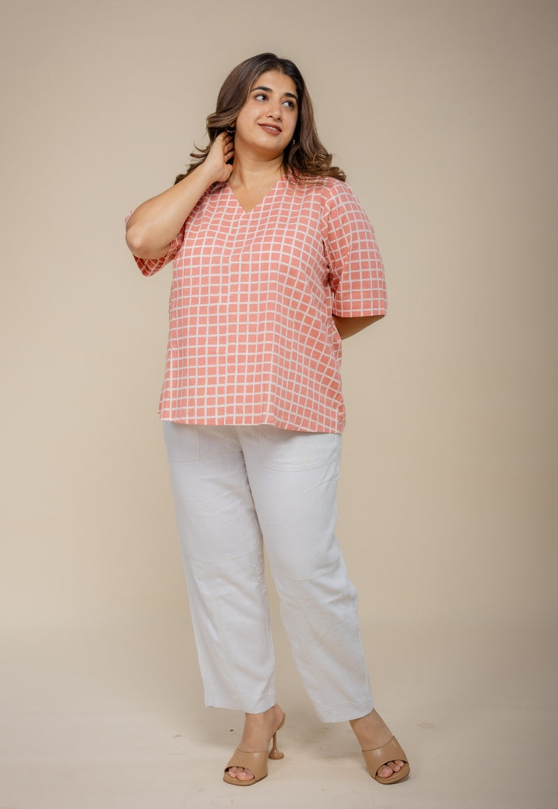 Saiya Red Hand Block Print Slub Cotton Straight Short Top