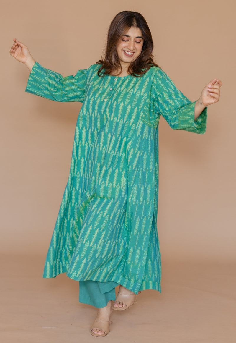 Alizah Green Handloom Ikkat Cotton Jhabbha Kali Kurta