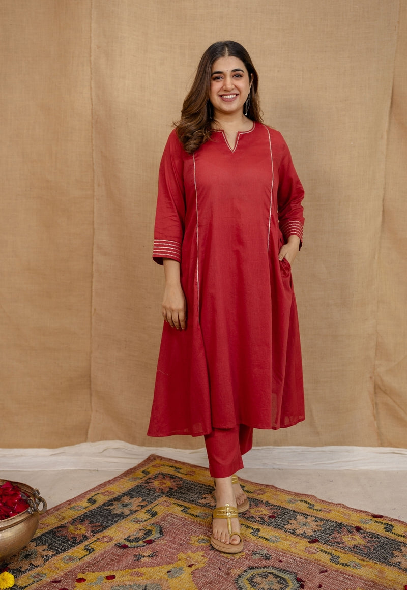 Ivurvi Mulmul Cotton Red Kali Kurta Set (Set of 3)