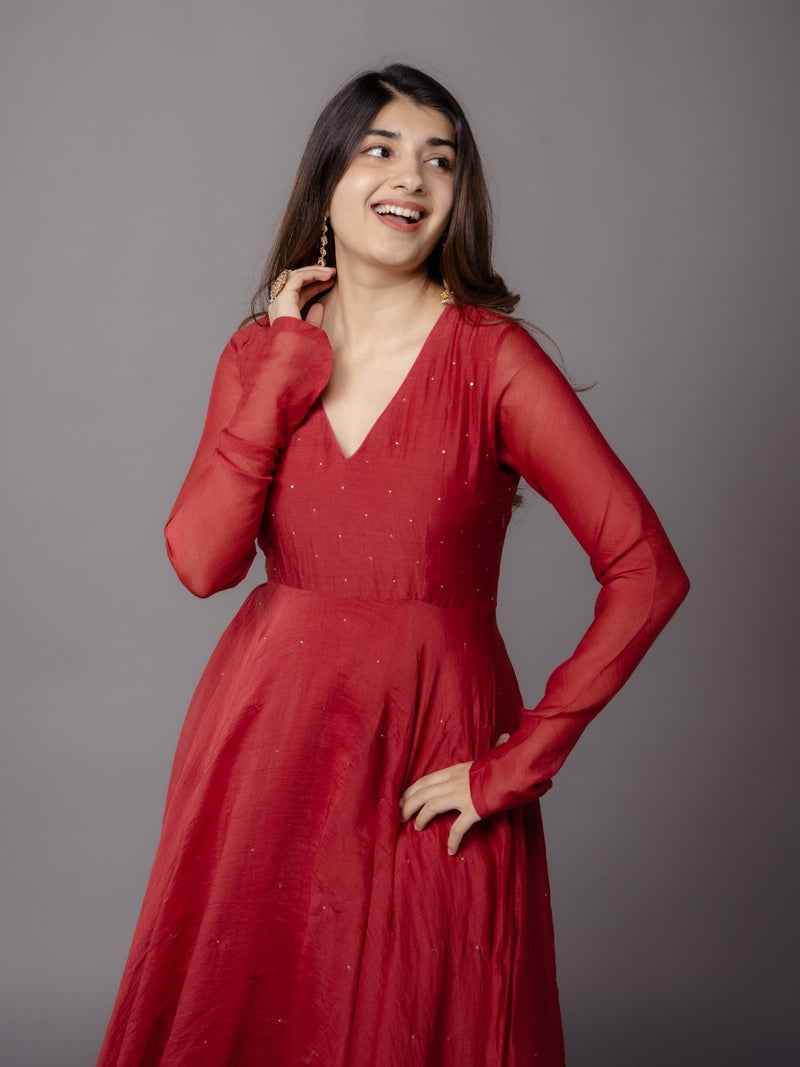 Tara Red Solid Chanderi Silk A Line Kurta with Mukaish Detailing