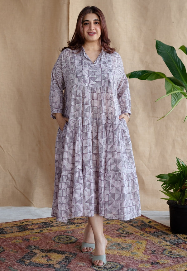 Adya Lavender Batik MulMul Cotton A Line Dress