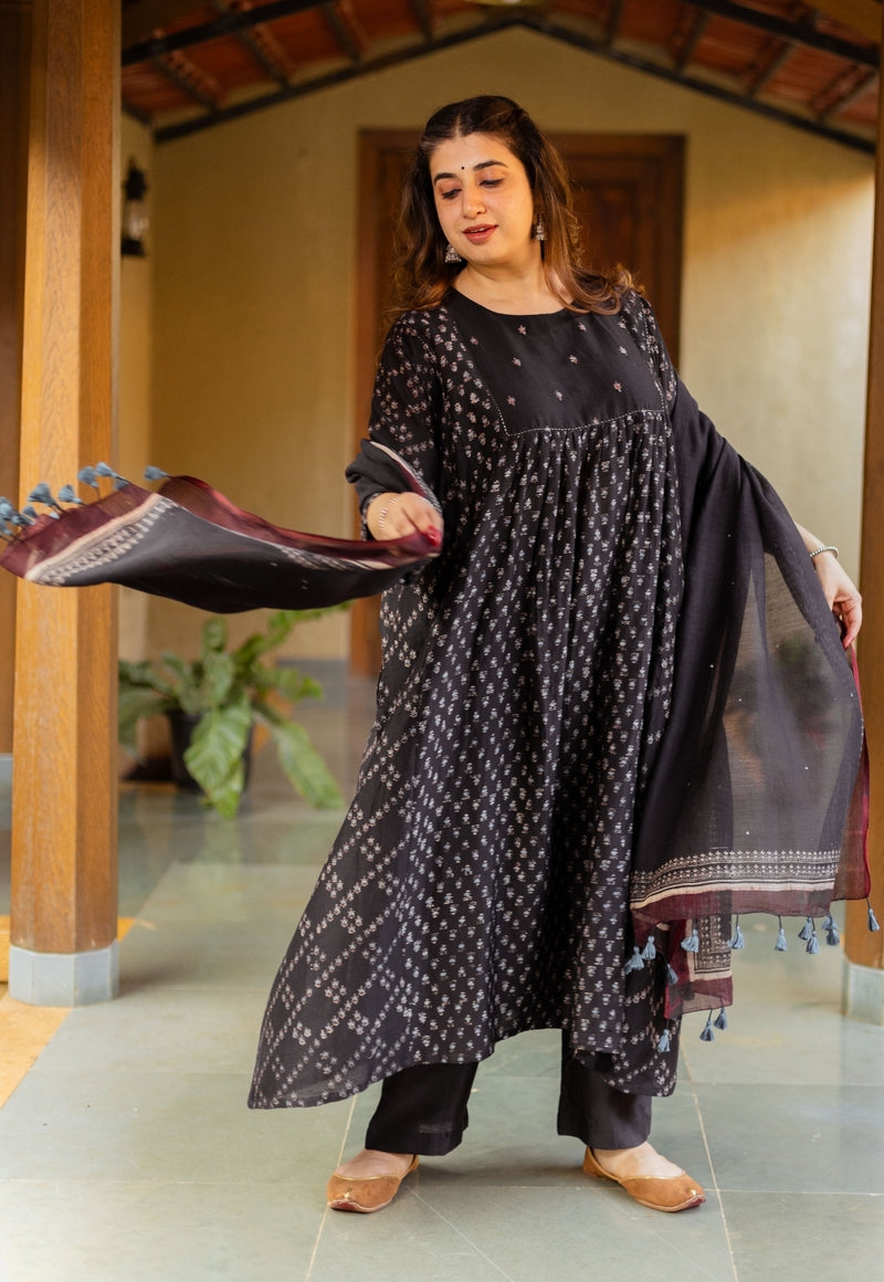 Black Ajrakh Chanderi Silk Dupatta with Embroidery