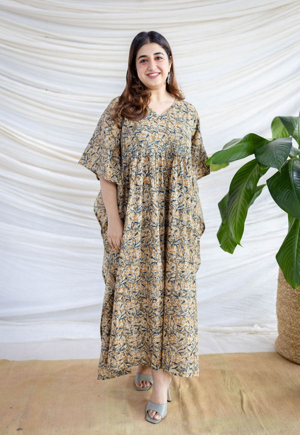 Ifrah Olive Green Kalamkari Cotton Loose Kaftan