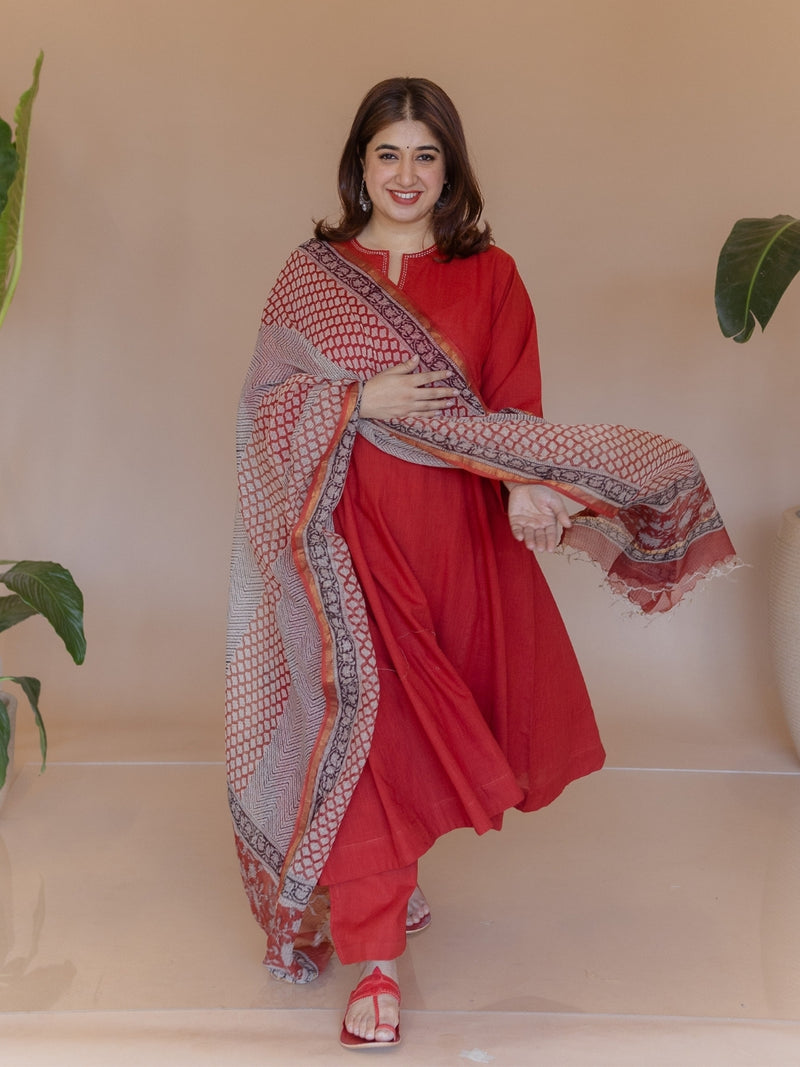 Nyra Red Solid Slub Cotton Jhabbha Kali Kurta with Hand Embroidery