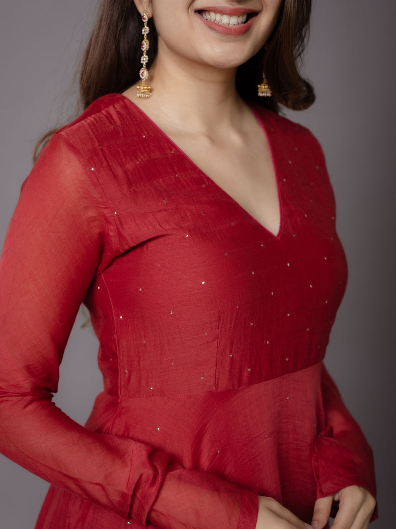 Tara Red Solid Chanderi Silk A Line Kurta with Mukaish Detailing