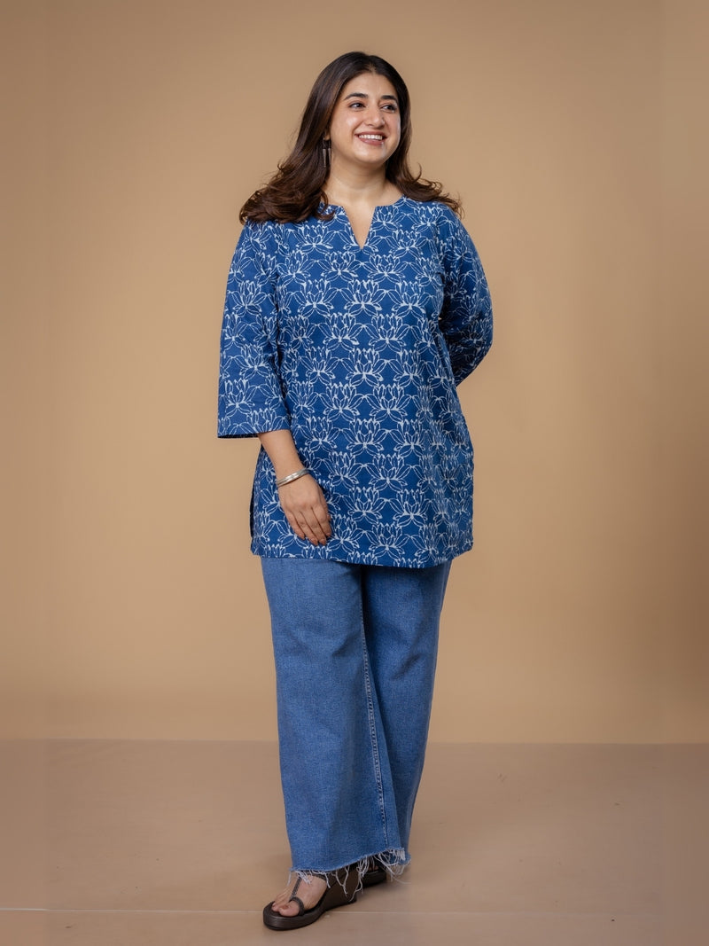 Mishel Blue Dabu Cotton Straight Short Top