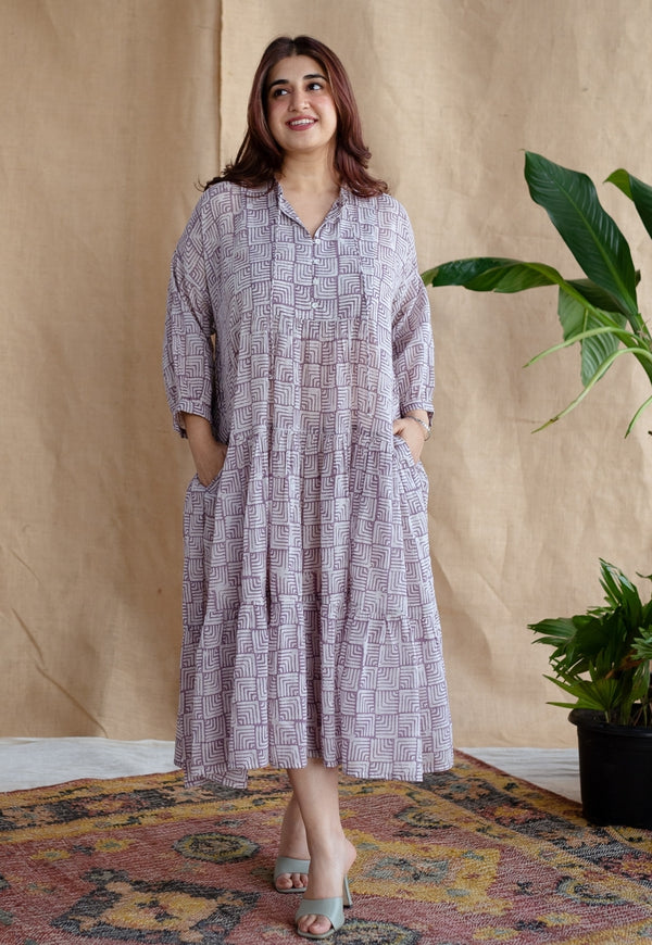 Adya Lavender Batik MulMul Cotton A Line Dress