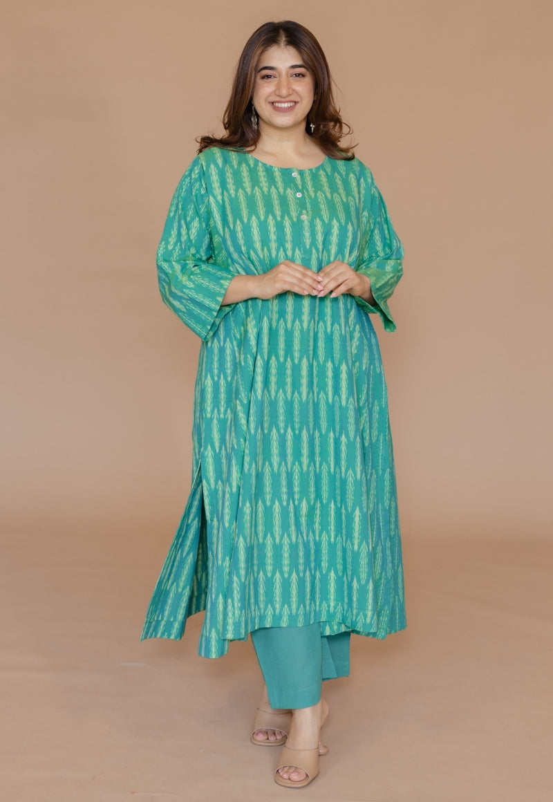 Alizah Green Handloom Ikkat Cotton Jhabbha Kali Kurta