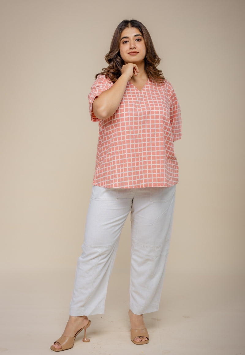 Saiya Red Hand Block Print Slub Cotton Straight Short Top