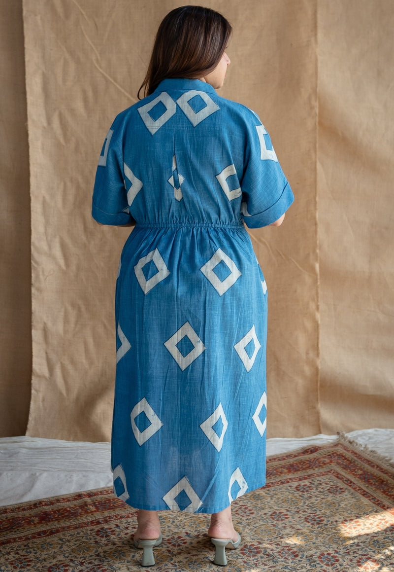 Arham Blue A Line Dabu Slub Cotton Dress