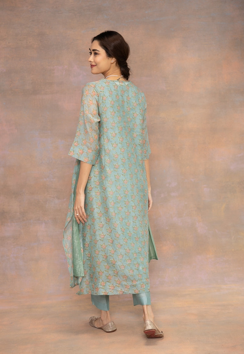 Rosalia Blue Sanganeri Chanderi Silk A Line Kurta with Hand Embroidery, Mukaish Detailing and Slip