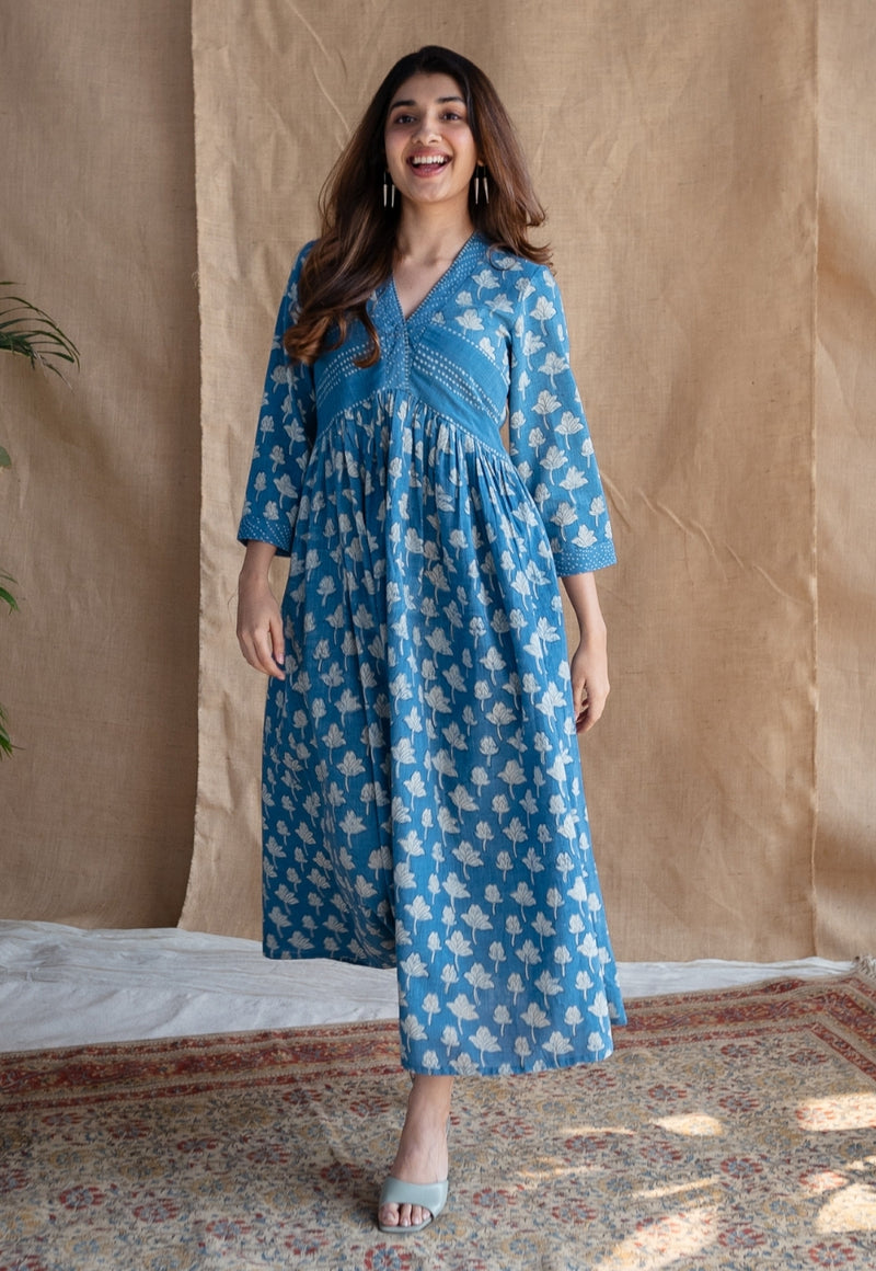 Ralia Indigo Dabu Slub Cotton A Line Dress