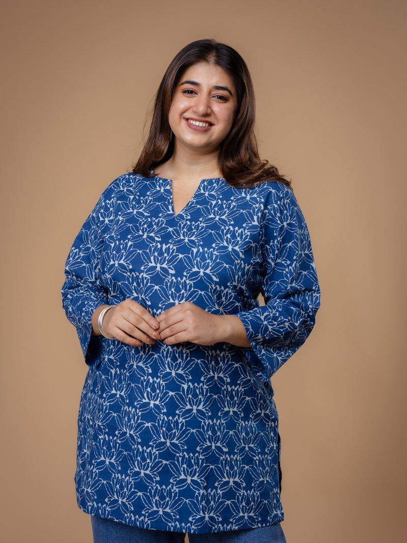 Mishel Blue Dabu Cotton Straight Short Top