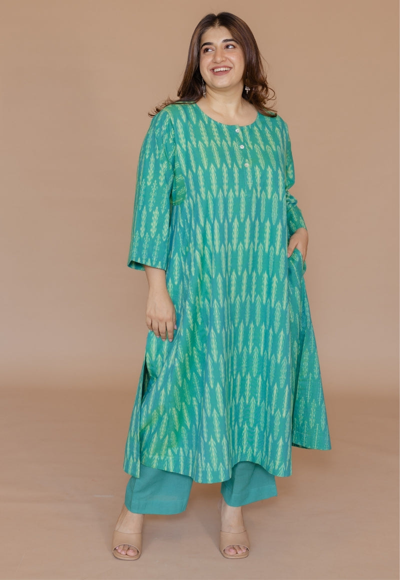 Alizah Green Handloom Ikkat Cotton Jhabbha Kali Kurta