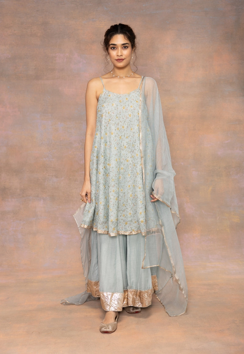 Rosalie Blue Sanganeri Chanderi Silk A Line Kurta with Lace Detailing