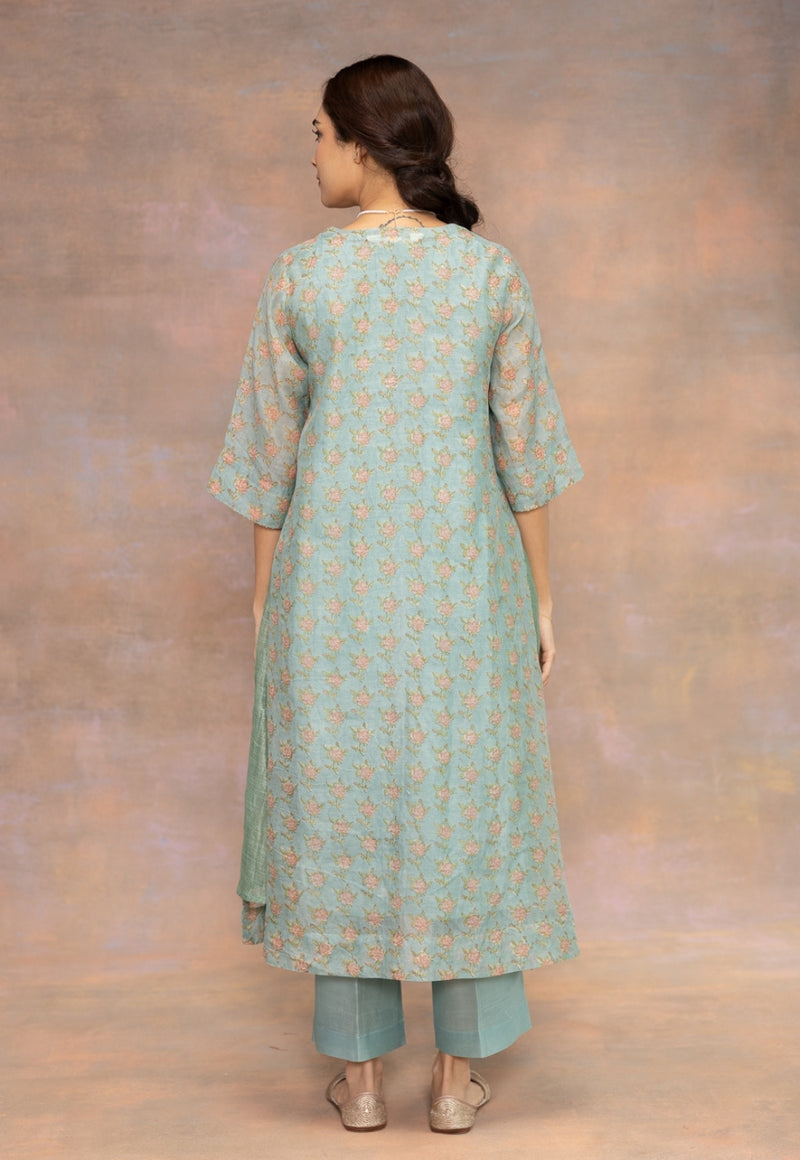 Rosalia Blue Sanganeri Chanderi Silk A Line Kurta with Hand Embroidery, Mukaish Detailing and Slip