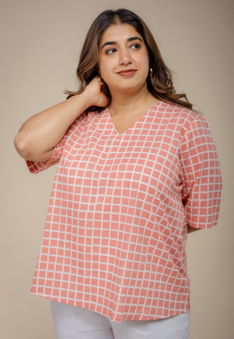 Saiya Red Hand Block Print Slub Cotton Straight Short Top