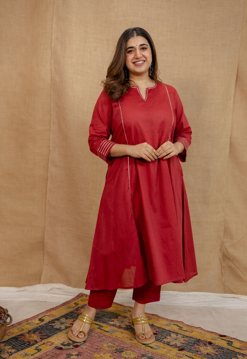 Ivurvi Mulmul Cotton Red Kali Kurta Set (Set of 3)