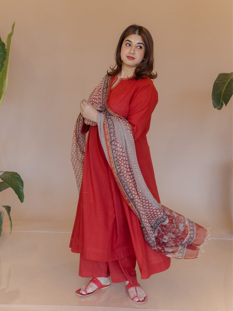 Nyra Red Solid Slub Cotton Jhabbha Kali Kurta with Hand Embroidery