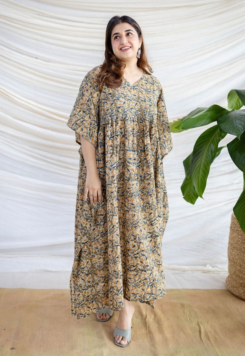 Ifrah Olive Green Kalamkari Cotton Loose Kaftan