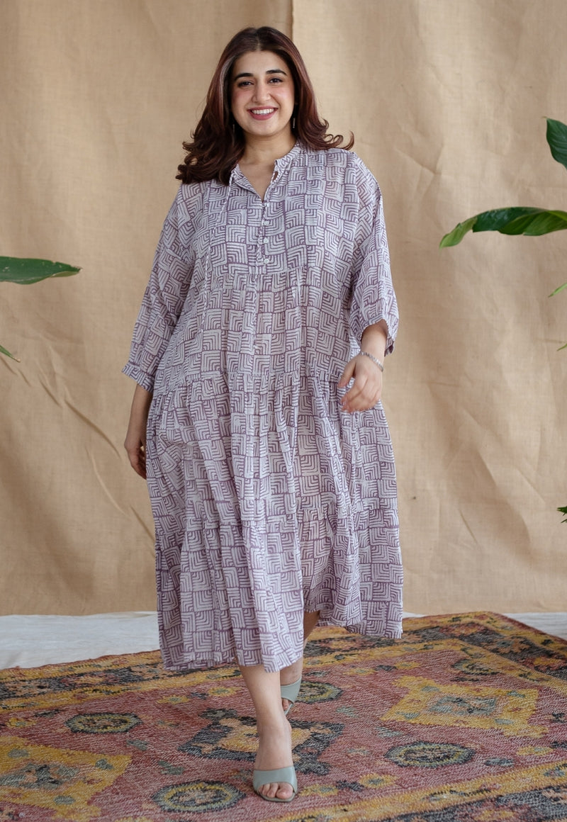 Adya Lavender Batik MulMul Cotton A Line Dress