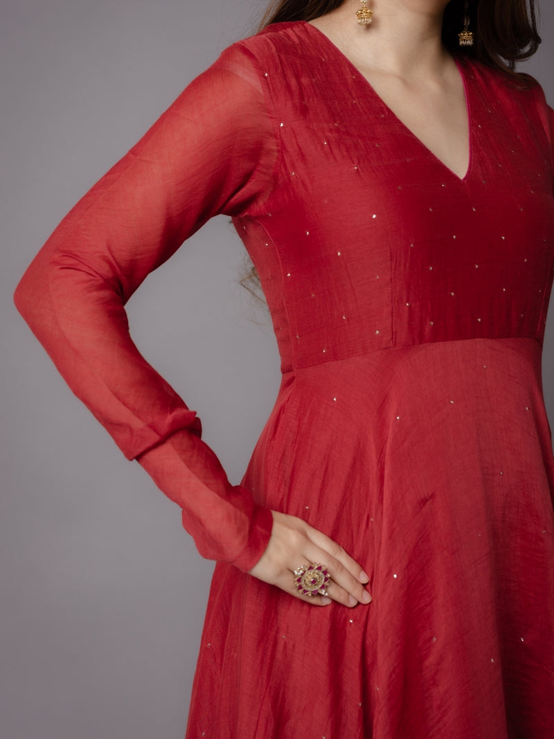 Tara Red Solid Chanderi Silk A Line Kurta with Mukaish Detailing