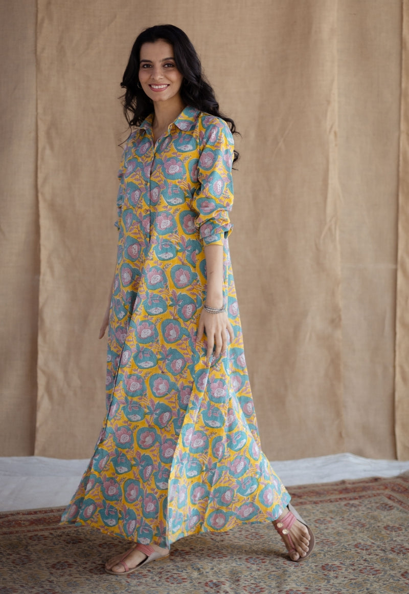 Trusha Yellow Sanganeri Slub Cotton A Line Dress