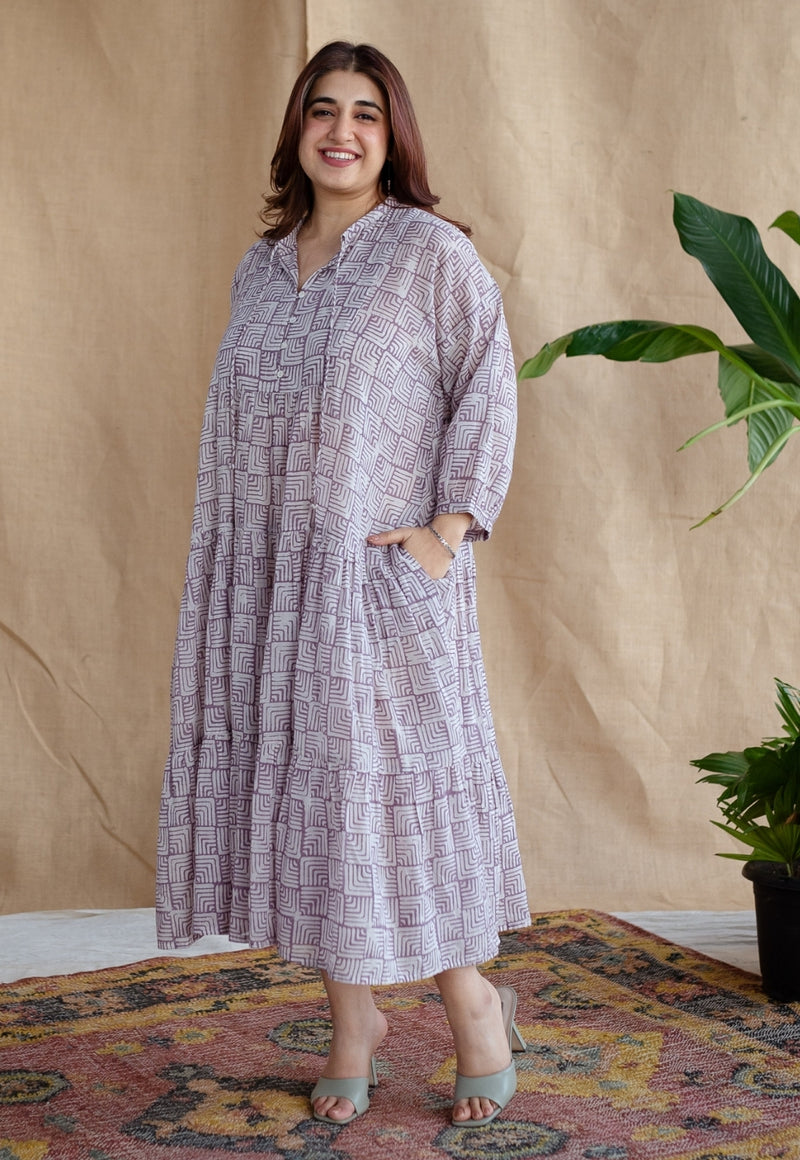 Adya Lavender Batik MulMul Cotton A Line Dress