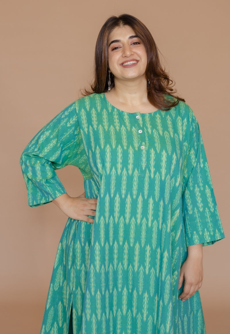 Alizah Green Handloom Ikkat Cotton Jhabbha Kali Kurta