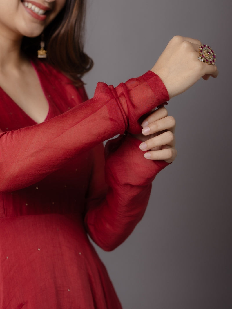 Tara Red Solid Chanderi Silk A Line Kurta with Mukaish Detailing