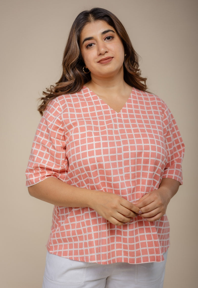 Saiya Red Hand Block Print Slub Cotton Straight Short Top