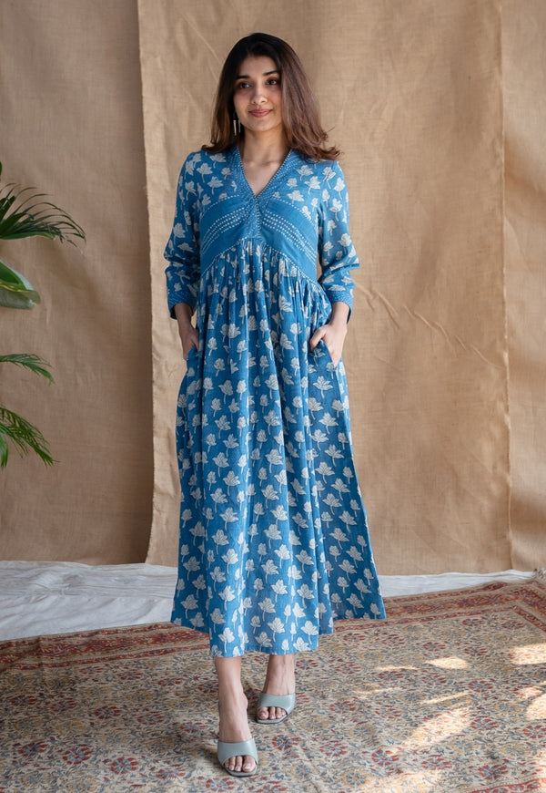 Ralia Indigo Dabu Slub Cotton A Line Dress