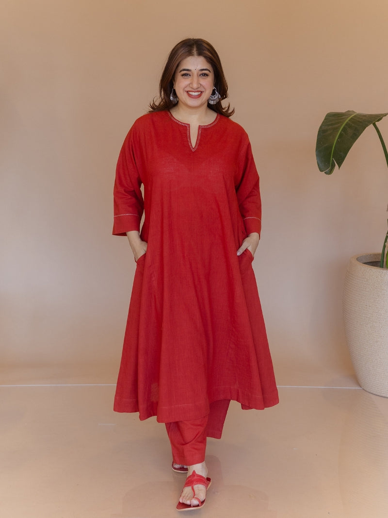 Nyra Red Solid Slub Cotton Jhabbha Kali Kurta with Hand Embroidery