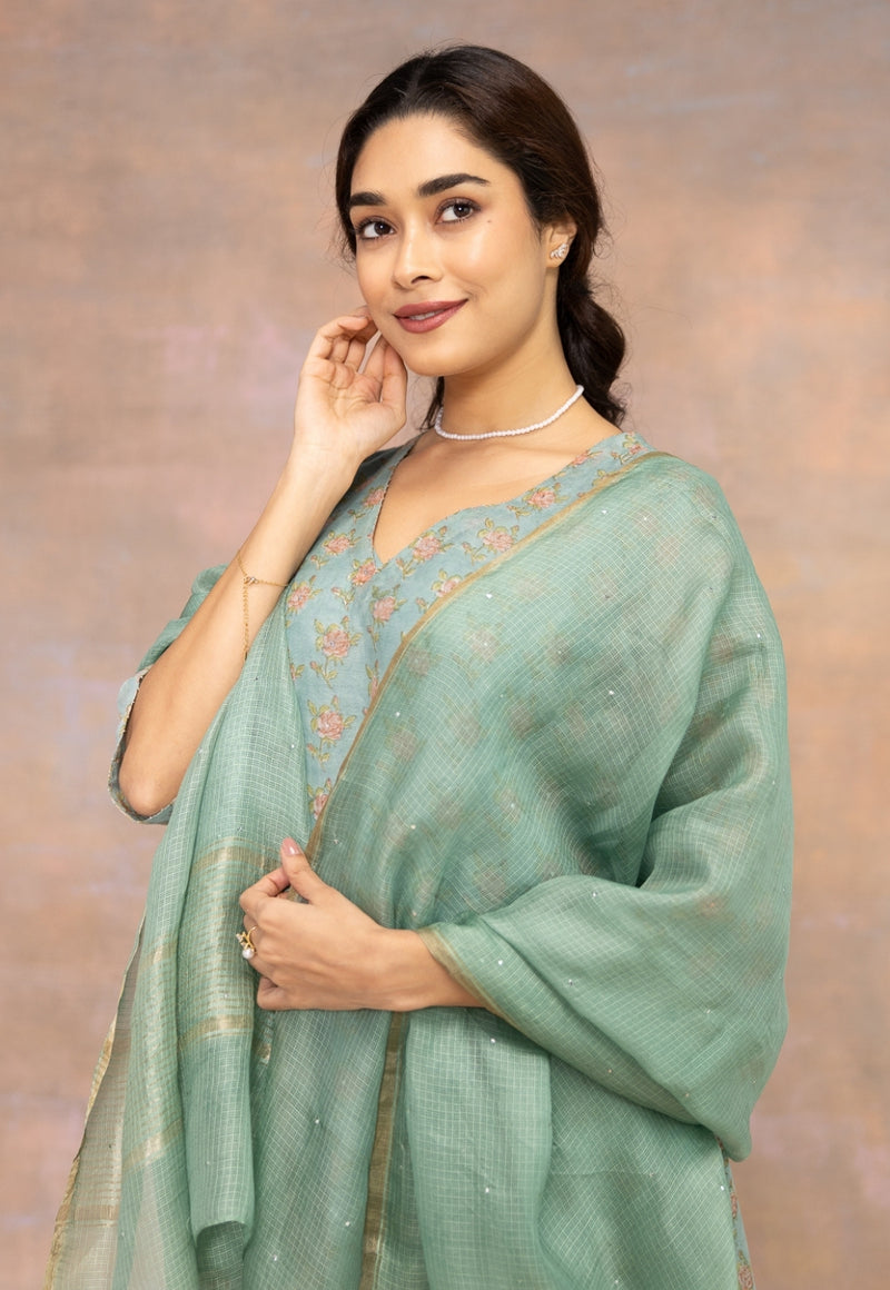 Green Solid Katan Kota Dupatta with Mukaish Detailing